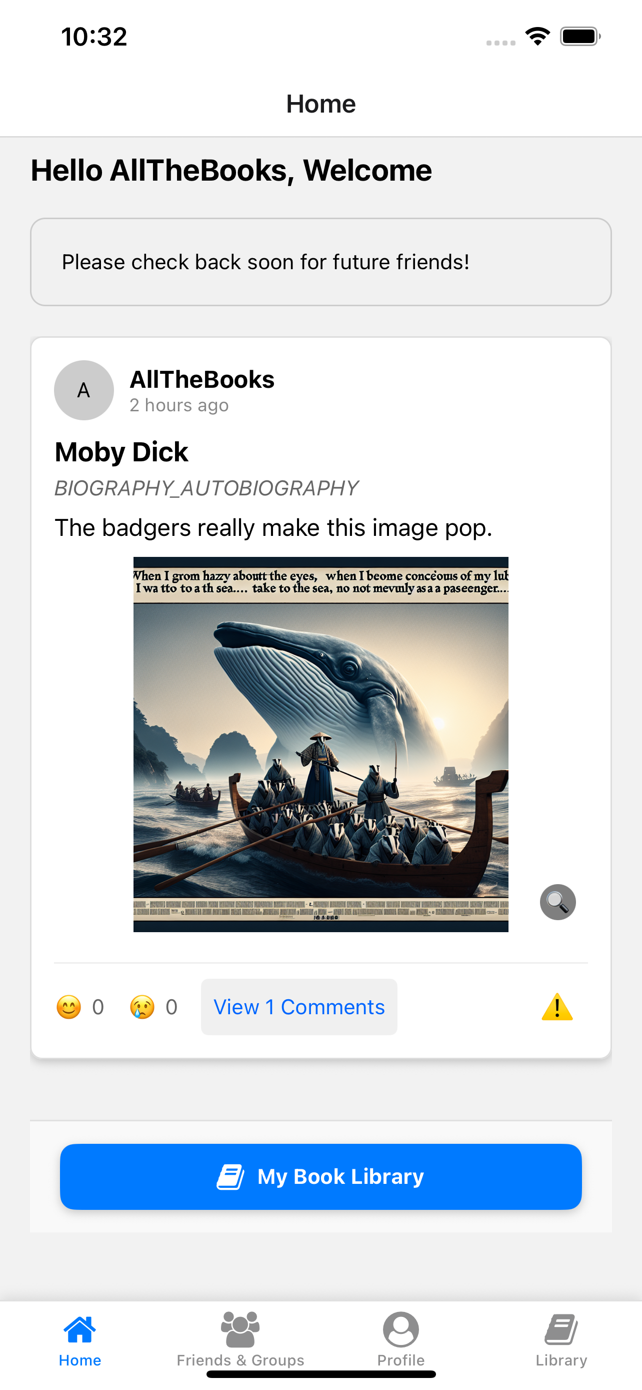 Home feed showing book posts and AI-generated images