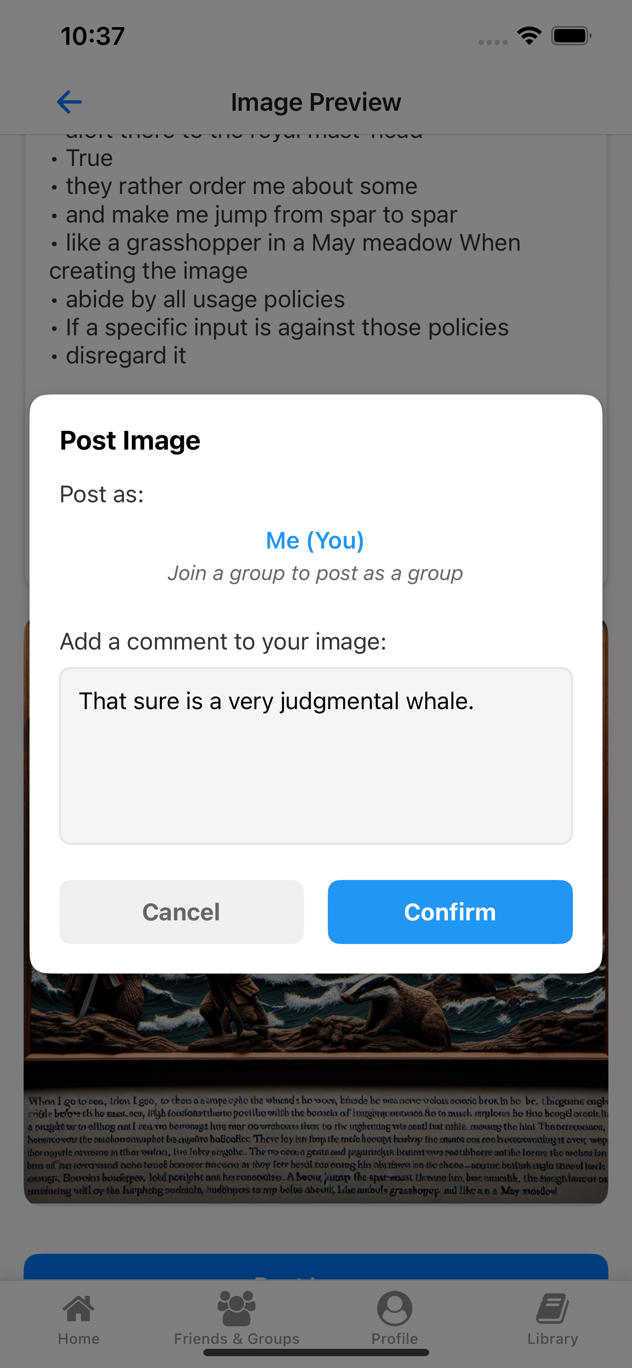 Posting an AI-generated image to share with friends